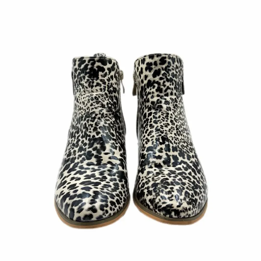 Journee Collection Rebel Leopard Black White & Gray Side Zip Block Heel Booties